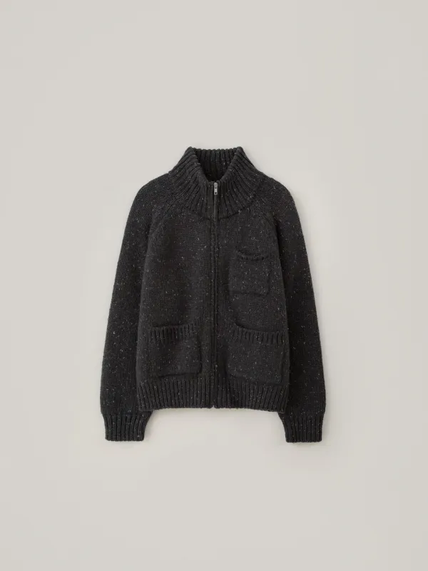 High Neck Zip-Up Knit Cardigan - Charcoal