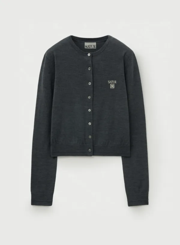 (W) Loren Basic Crewneck Fine Cardigan - Charcoal