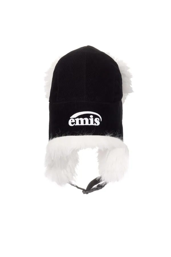 CORDUROY FUR EARFLAP CAP-BLACK