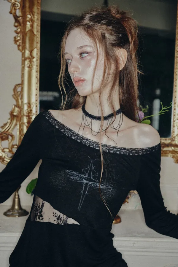 LACE BOATNECK TOP black