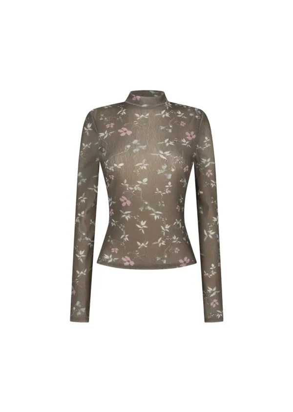 Floral mock neck top, Brown