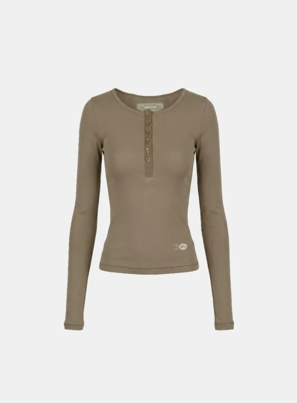 [w-tee26-041] BS Cotton Jersey Fitted Henley Neck Long Sleeve T-Shirt - Tobacco