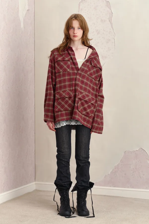 POCKET OVERFIT CHECK SHIRT, BURGUNDY