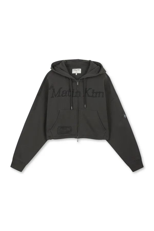 GRAFFITI ARTWORK CROP HOODY ZIP UP IN CHARCOAL