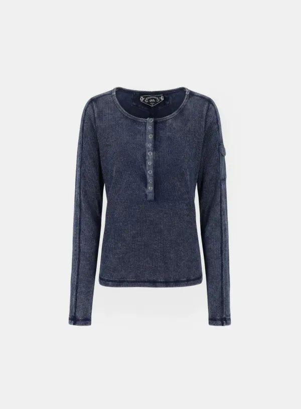 [w-tee26-008] Viper Cotton Rib Henley Neck Long Sleeve - Blue