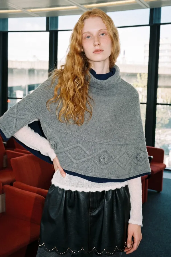 High Neck Knit Cape (Grey)