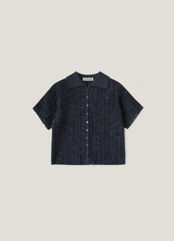 Lace Jacquard Linen Knit Shirt - Navy