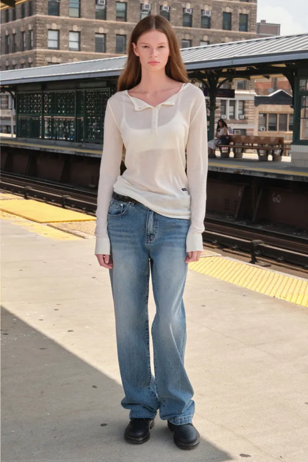 Silk Button Henly Neck Knit - Ivory