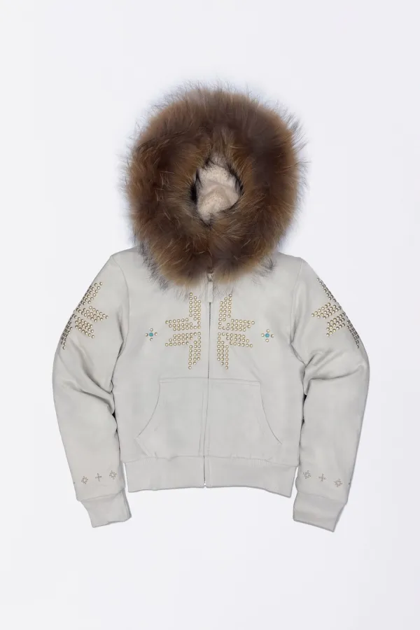Fur Trimming Hooded Zip-Up Dirty White