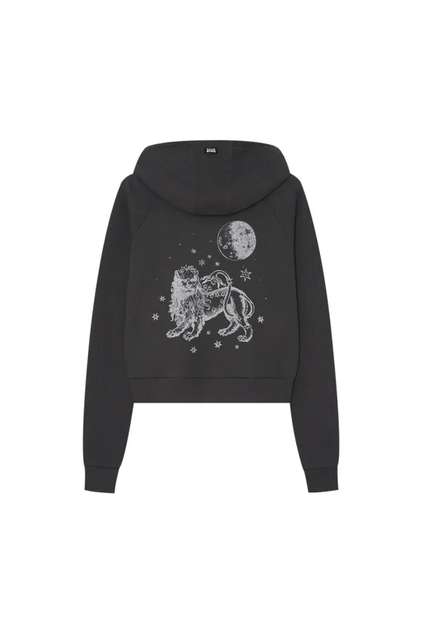 LEO HOTFIX CROP WAFFLE ZIP-UP HOODIE (CHARCOAL)