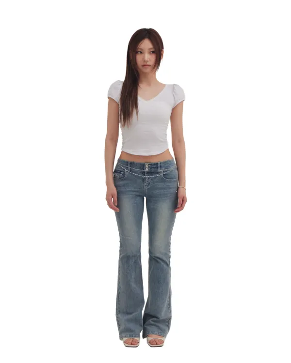 RIBBON STITCH BOOTCUT JEANS [BLUE]