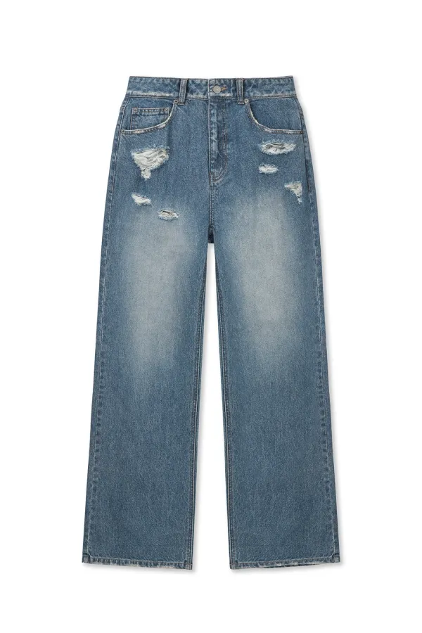 BACK POCKET PATCH DESTROYED DENIM PANTS IN BLUE
