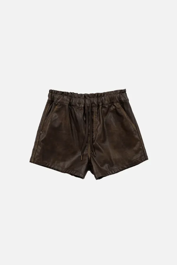 WASHED FAUX LEATHER SHORTS - BROWN