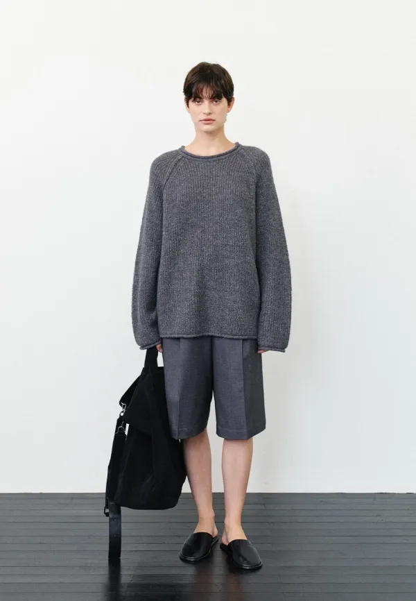 WOOL BERMUDA WIDE FIT PANTS - CHARCOAL