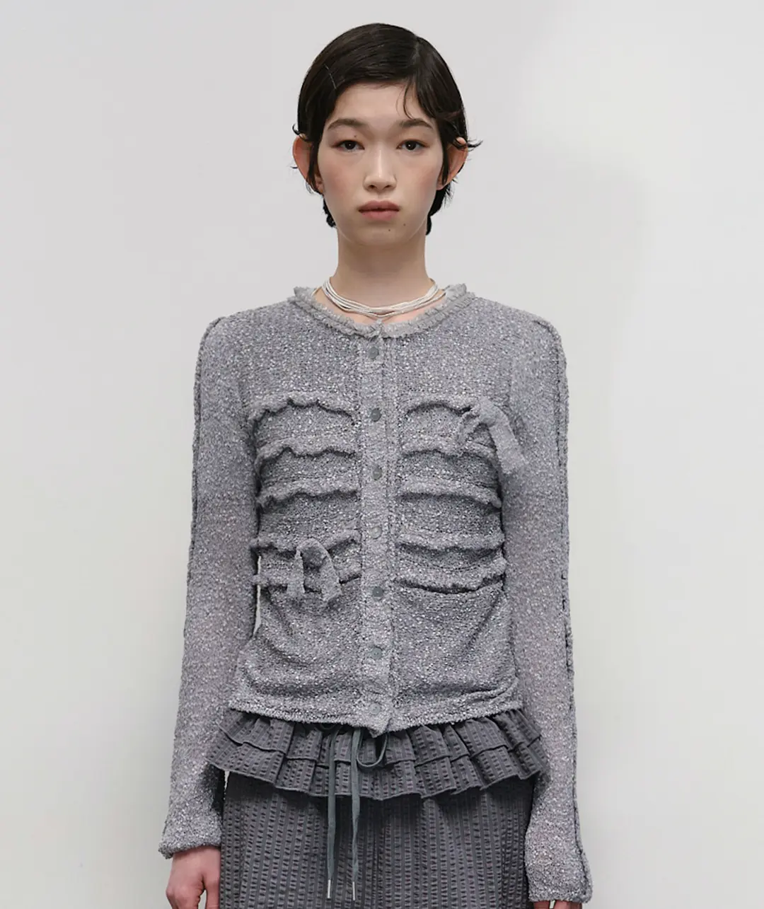 타입서비스 Fuzzy Ruffled Ribbon Cardigan [Gray] 상품 이미지 2