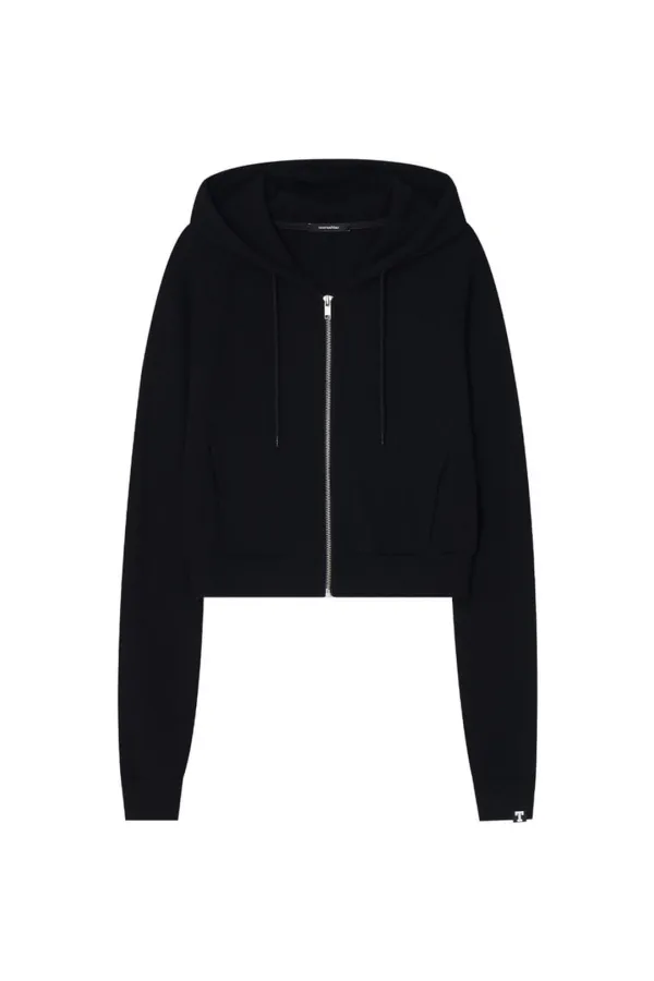 BASIC CROP WAFFLE ZIP-UP HOODIE (BLACK)