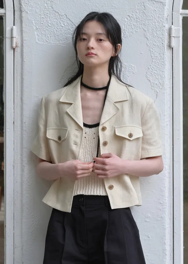 POCKET LINEN  HALF SLEEVE JACKET (butter beige)