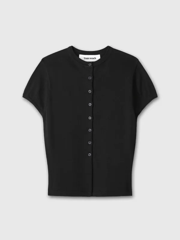 (W) SILK COTTON CAP SLEEVE CARDIGAN_ BLACK