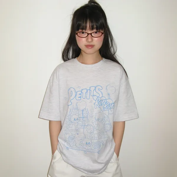 PETIT CAT CRACK OVER FIT T SHIRT WHITE MELANGE