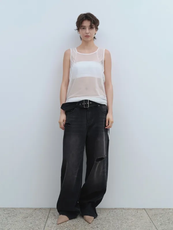 Belted Damage Wide Jeans [Washed Black]