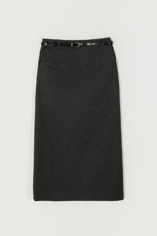 BRENU WOOL LONG SKIRT (BELT SET)_CHARCOAL