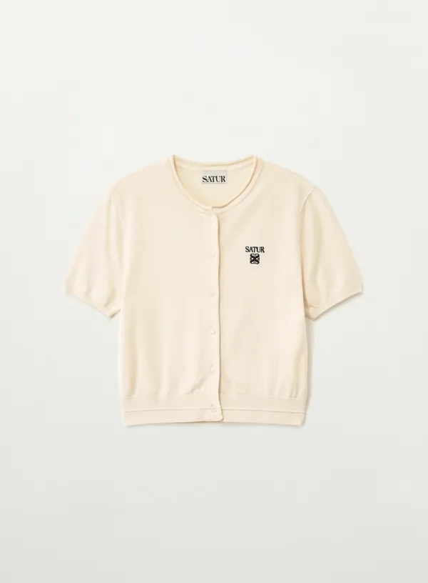 (W) Fine Half Crewneck Cardigan - Cream