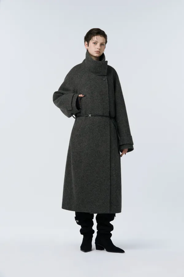 High Neck Strap Raglan Coat [ Khaki Gray ]
