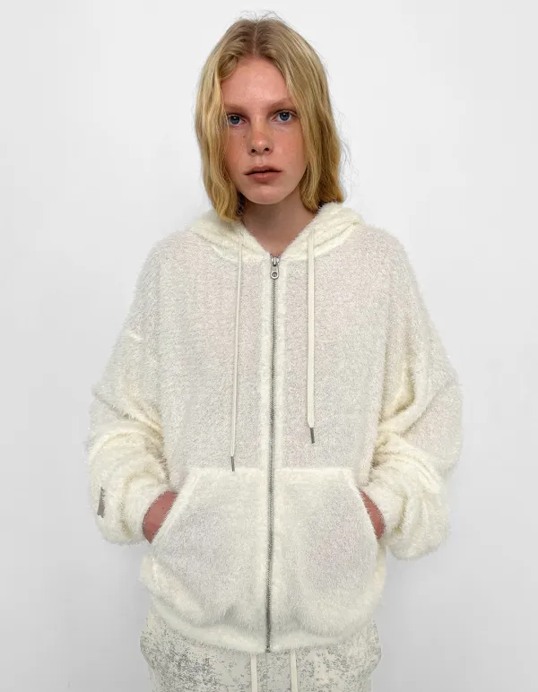 GLITTER FURRY ZIP-UP HOODIE, WHITE