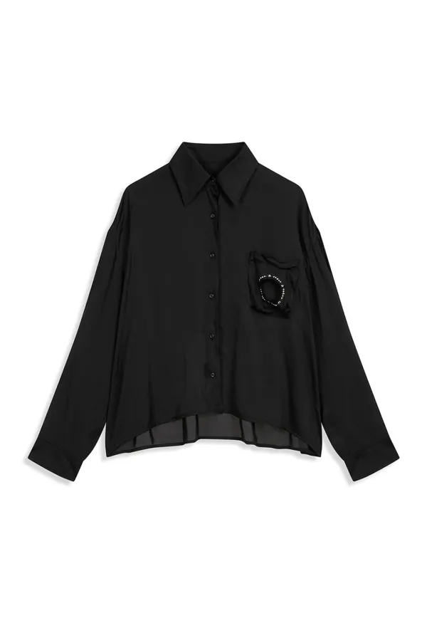 SILKY BEAD POCKET CROP SHIRT, BLACK