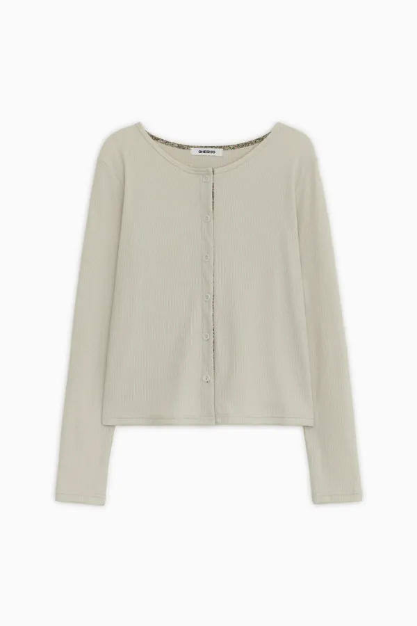 FLORAL COLOR BLOCK JERSEY CARDIGAN, BEIGE