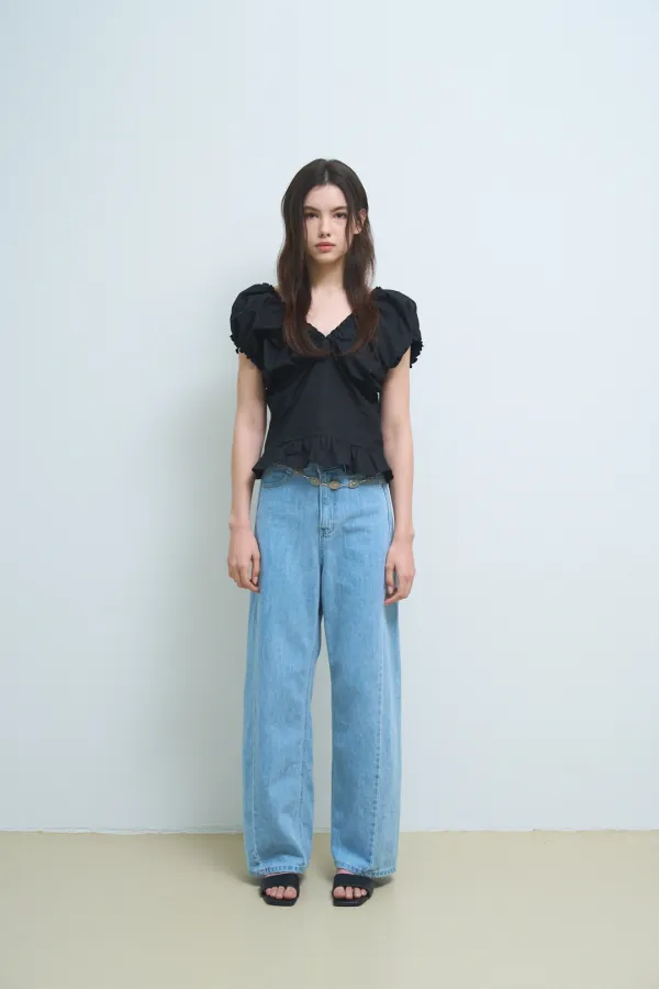 [Restocks] double v shirring blouse_black