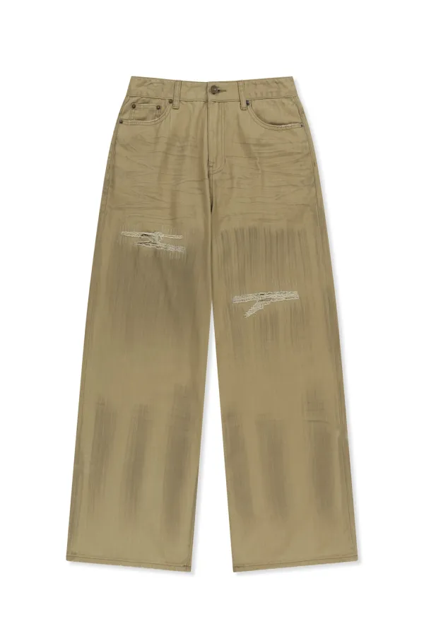 DISTRESSED HERRINGBONE WIDE PANTS IN BEIGE