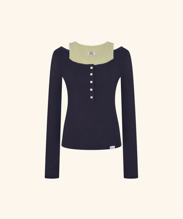 Letters Button Layered T-Shirt (Navy)