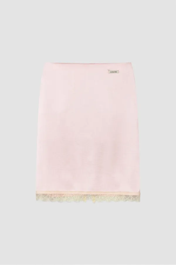 [EXCLUSIVE] LACE SATIN MIDI SKIRT_PALE PINK