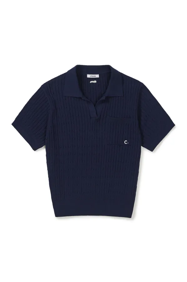 [26SS clove] Cable Open Collar Knit (Navy)