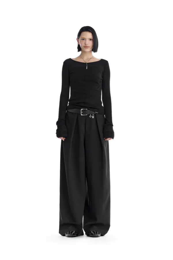 Essential Pintuck Long-Sleeve T-Shirts [ Black ]