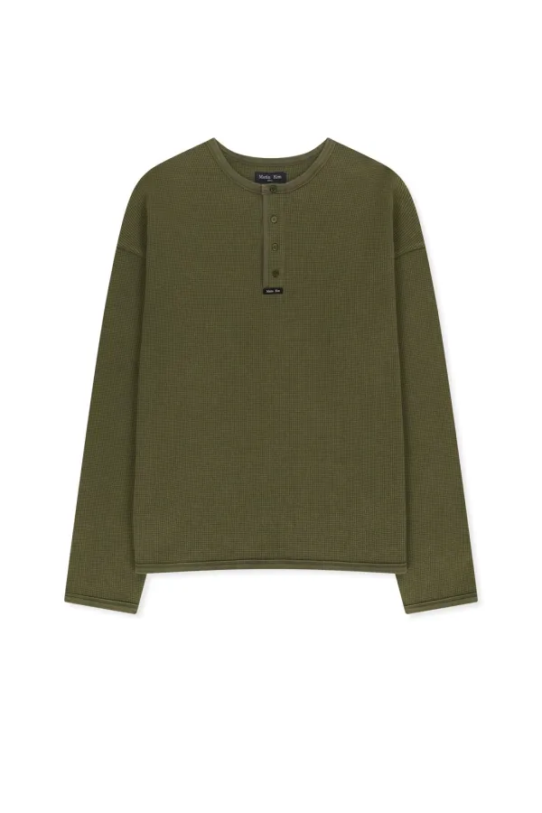 MATIN WASHED WAFFLE HENLEY NECK TOP FOR MEN IN KHAKI