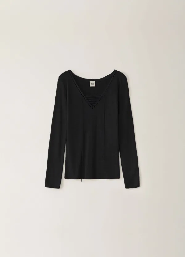 [Limited] Deep V-neck lace T-shirt - Black