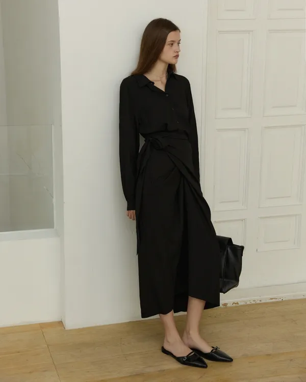Modern shirts collar lap long dress - black