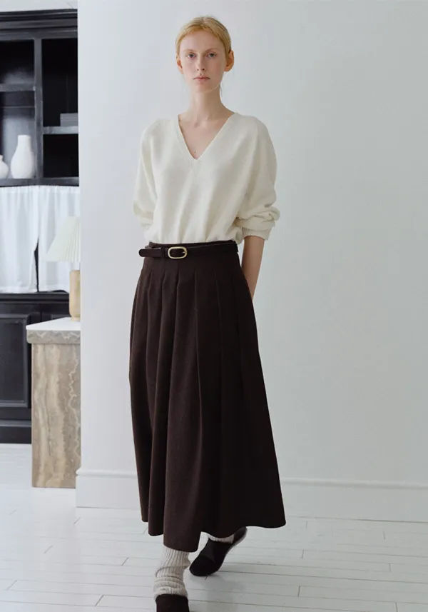 WOOL FLANNEL PLEATS SKIRT_BROWN_OE4C2XSK07BRW