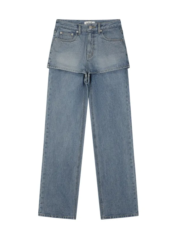 LAYERED STRAIGHT JEANS (BLUE)