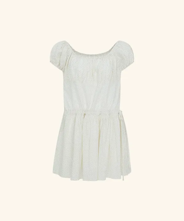 Dot Banding Shirring Mini Dress ( Cream )