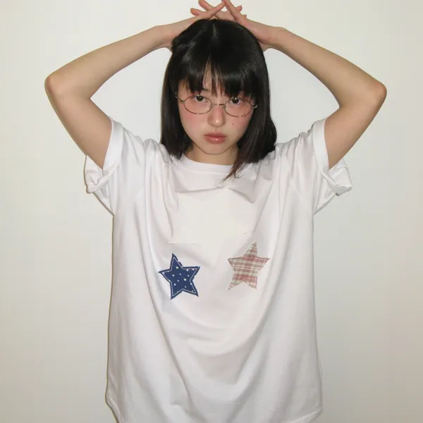 STAR PATCH MIXED APPLIQUE T SHIRT WHITE