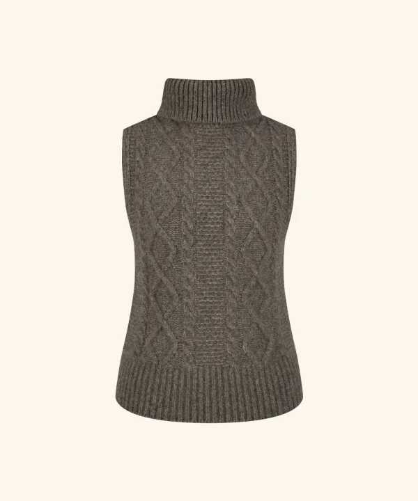 Cable Turtleneck Wool Vest ( Brown )