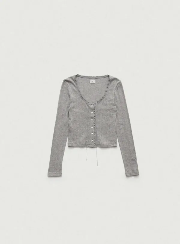 Ravioli Lace-Trim Button-Up Top_Grey