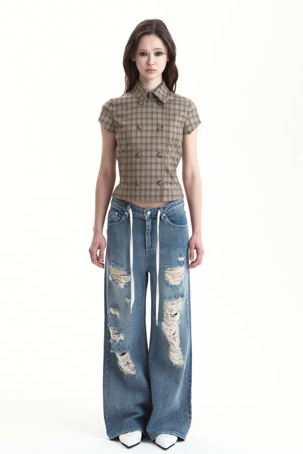 DRAWSTRING DISTRESSED DENIM PANTS VINTAGE BLUE