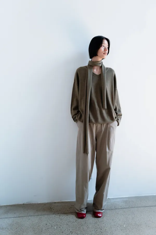 Cotton Wide Tuck Pants (Khaki Beige)