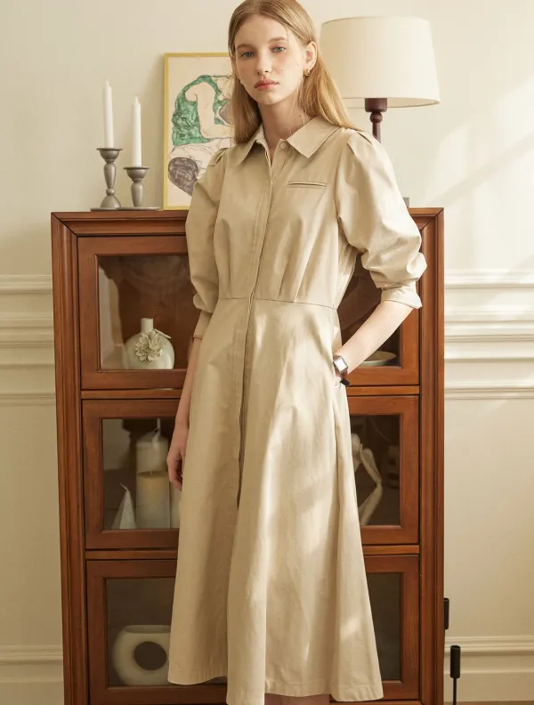 Puff Sleeve Shirt Dress - Beige