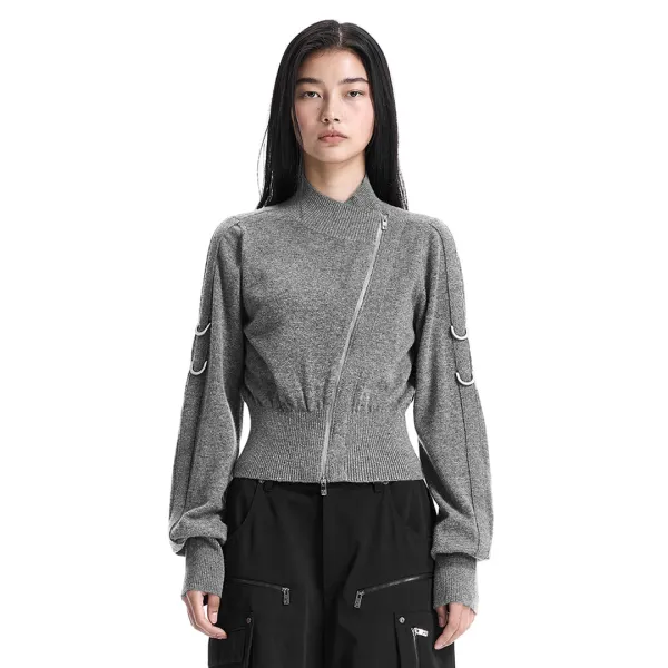 Sleeve D-ring Diagonal Zip Cardigan [ Gray ]
