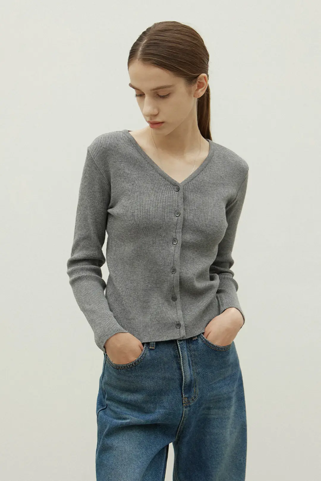 오브오브 Slim v-neck cardigan_gray 상품 이미지 1